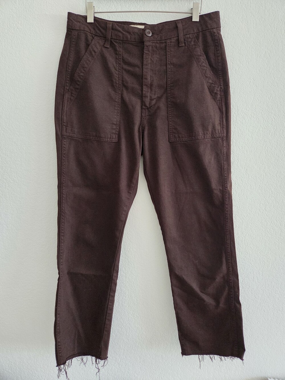 Amo‎ Easy Army Trouser Pant Womens Size 29 Chocolate Brown Raw Hem Crop Relaxed